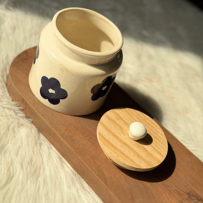Midnight Bloom Ceramic Storage Jar with Wooden Lid