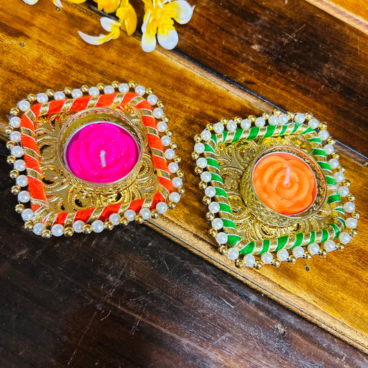Colorful Square T light Holder with candle (Set of 2)