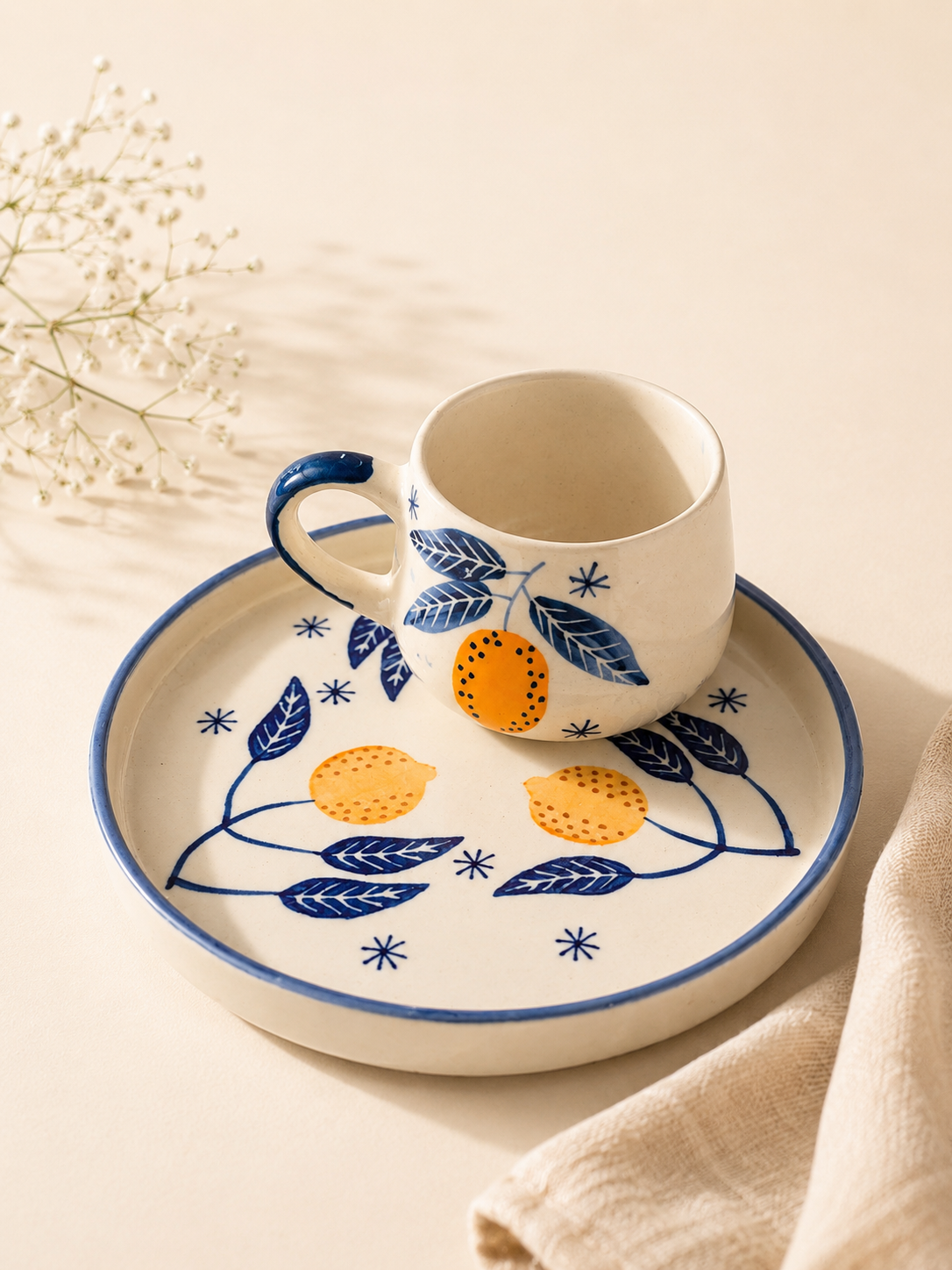 Citrus Bloom Ceramic Breakfast Plate & Coffee Mug Set