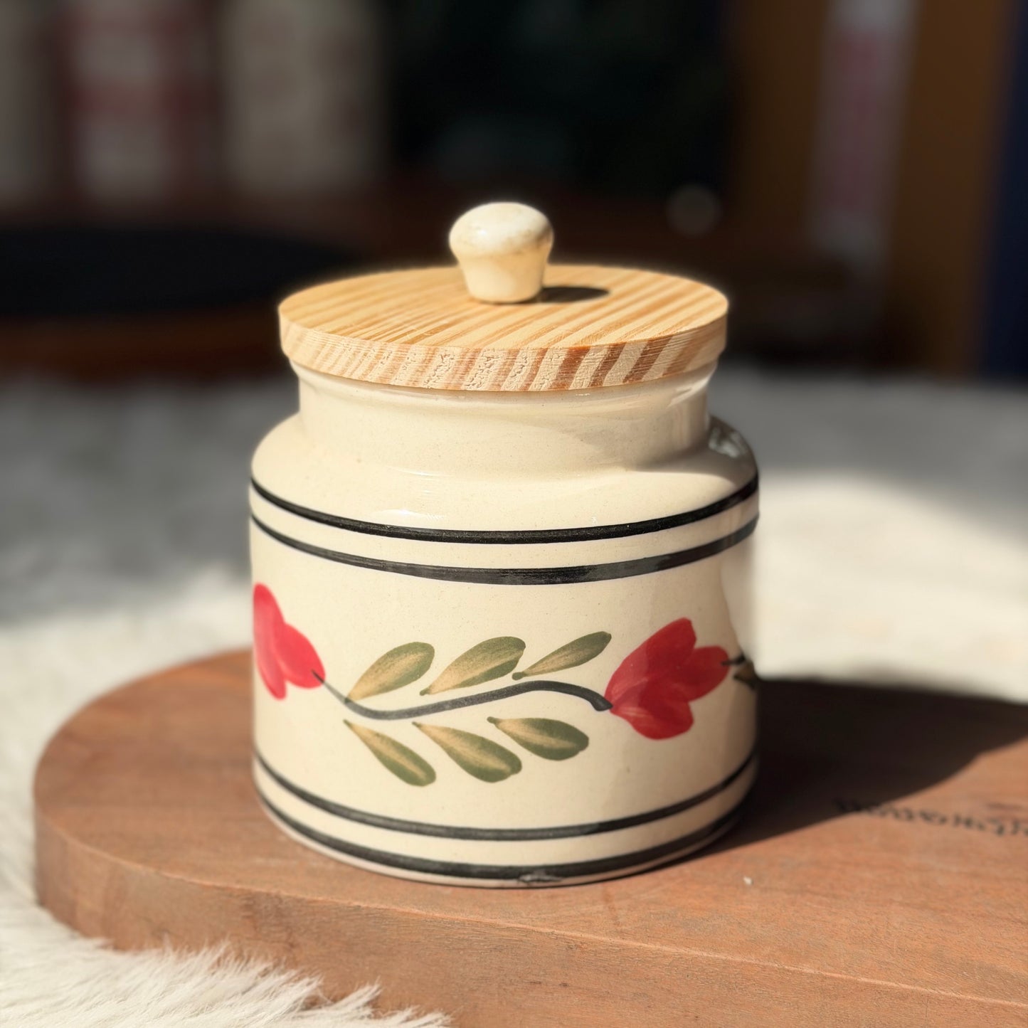 Blossom Handpainted Ceramic Storage Jar with Wooden Lid