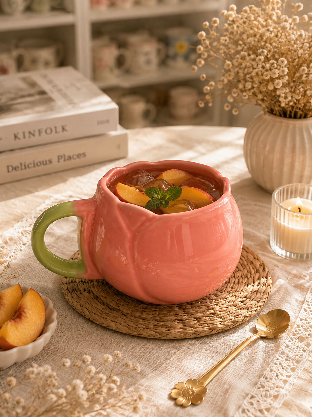 Pink Pumpkin Ceramic Mug with Green Handle | Cute Coffee Mug