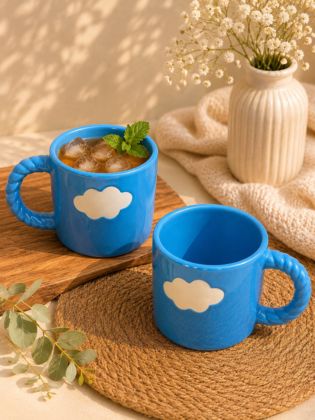 Sky Blue Cloud Ceramic Mug with Twisted Handle