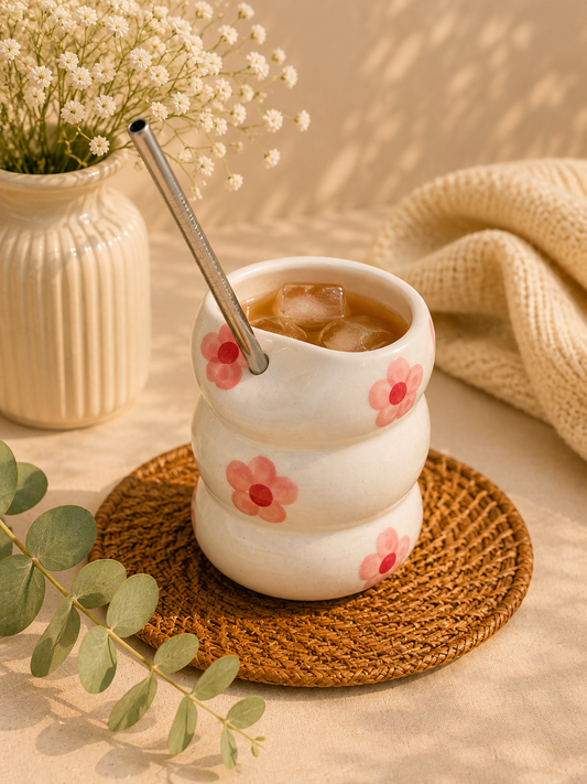 Blush Daisy Bubble Ceramic Sipper – Iced Coffee & Tea Cup with Straw