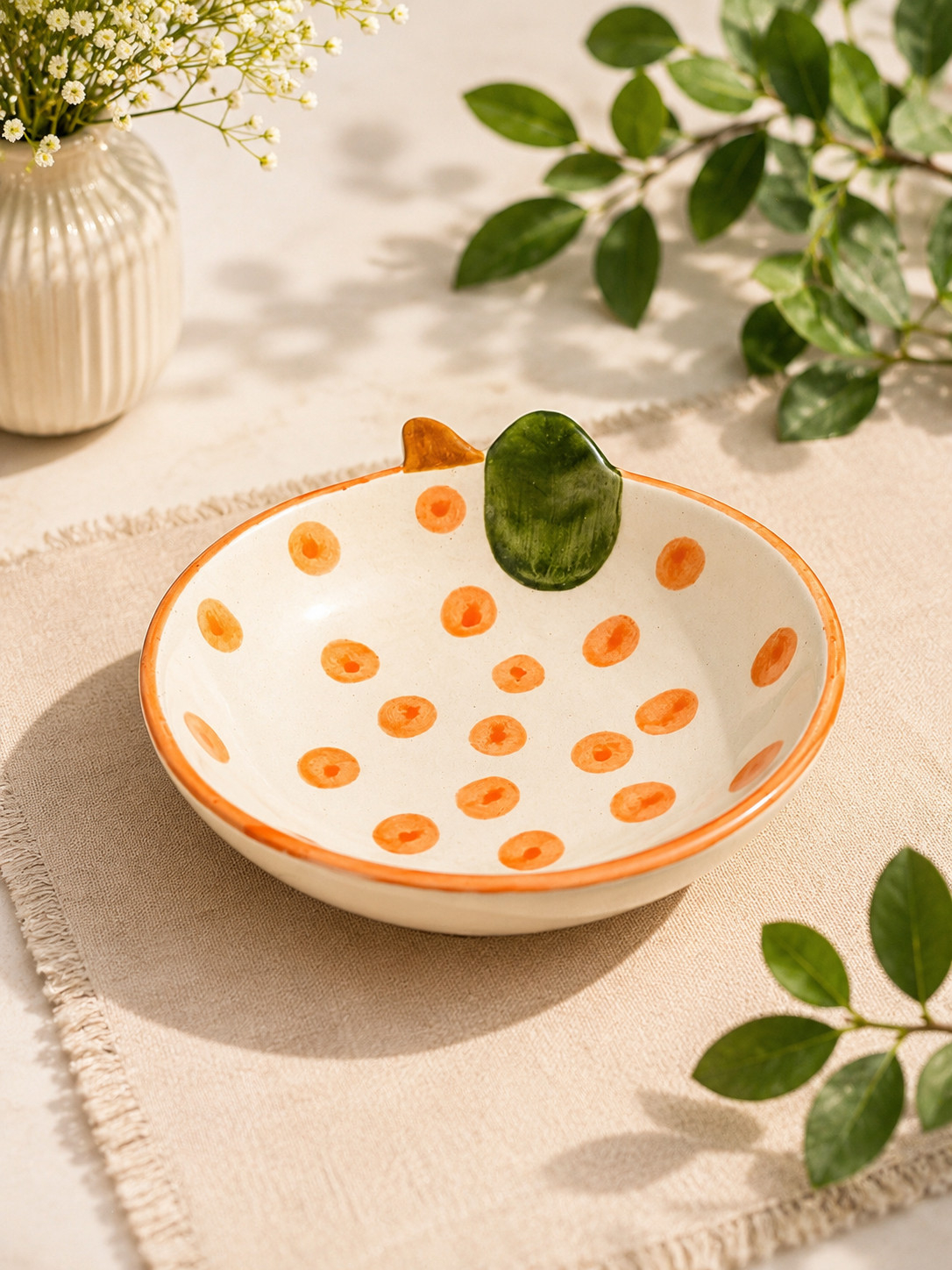 Hand-Painted Orange Fruit Ceramic Serving Bowl with 3D Leaf Detail