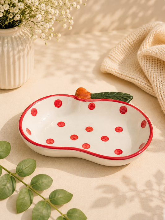 Hand-Painted Apple Polka Dot Ceramic Serving Bowl – Red & White