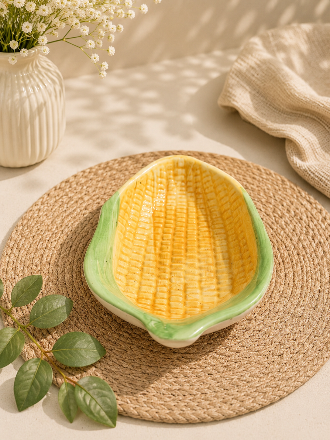 Handcrafted Corn-Shaped Ceramic Serving Bowl – Yellow & Green