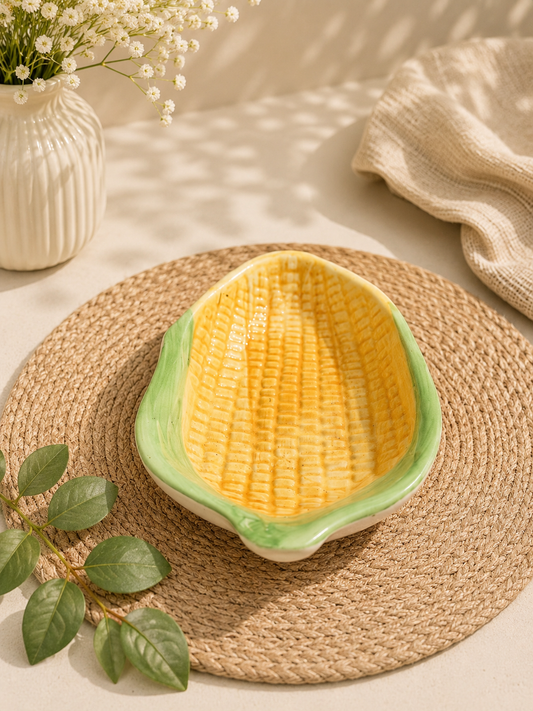 Handcrafted Corn-Shaped Ceramic Serving Bowl – Yellow & Green