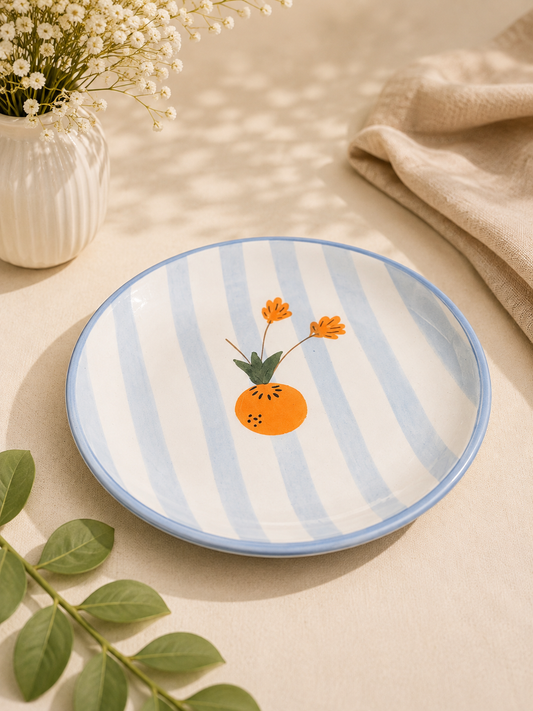 Hand-Painted Blue Stripe Orange Floral Ceramic Plate
