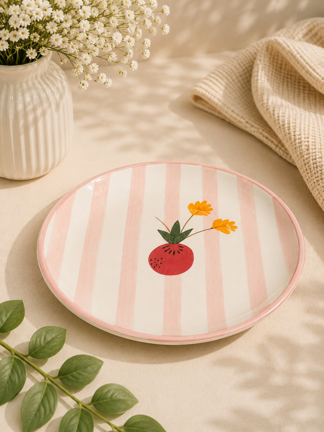 Pink Striped Floral Ceramic Dinner Plate – Hand-Painted