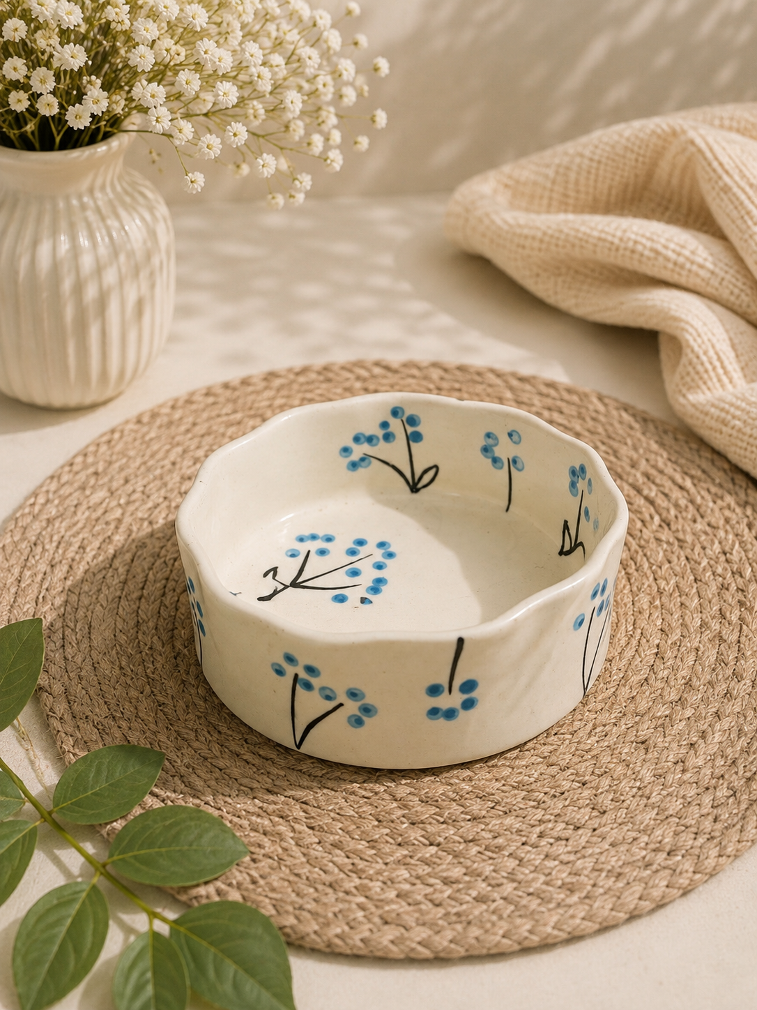 Blue Blossom Hand-Painted Ceramic Bowl – Wavy Rim