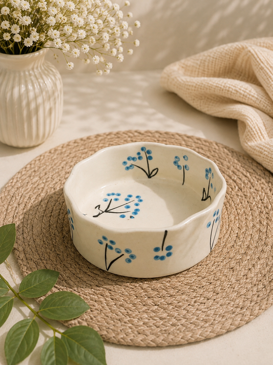 Blue Blossom Hand-Painted Ceramic Bowl – Wavy Rim