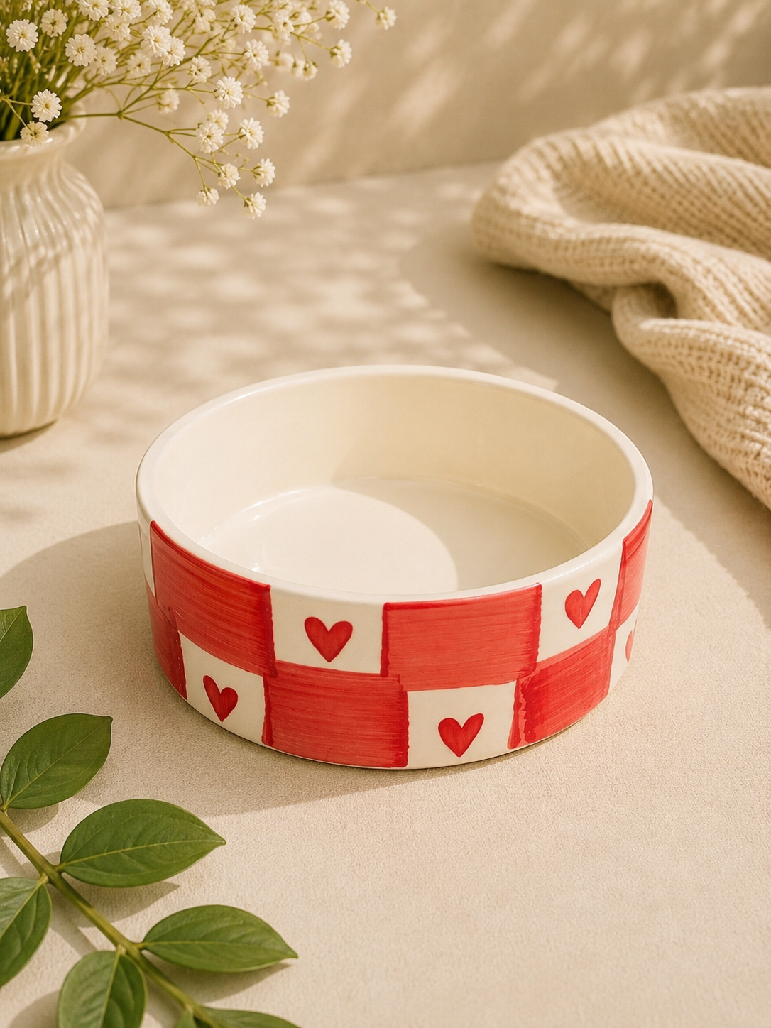 Red Heart Checkered Hand-Painted Ceramic Bowl