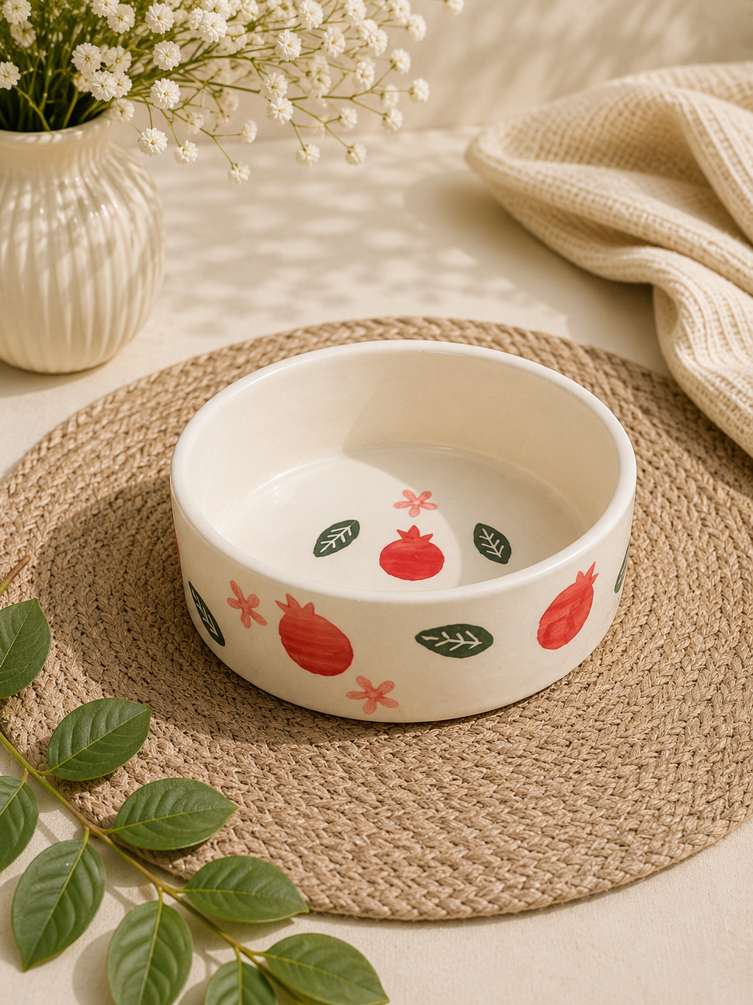 Hand-Painted Pomegranate Ceramic Bowl – Red & Green