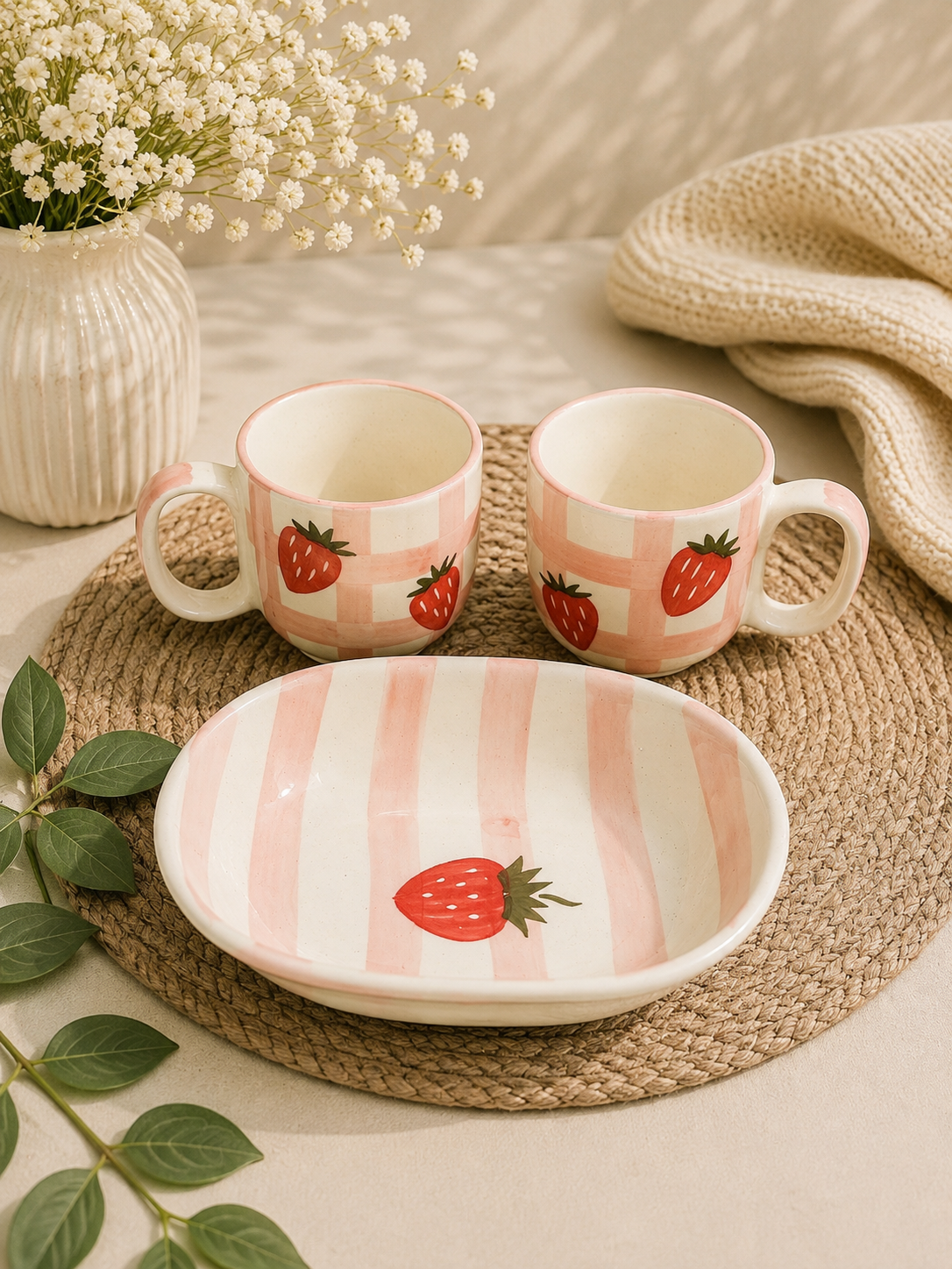 Strawberry Bliss Ceramic Breakfast Set – 3 Piece Set