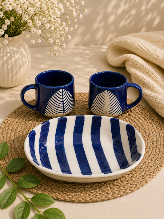 Indigo Leaf Ceramic Breakfast Set – 2 Mugs with Striped Serving Bowl