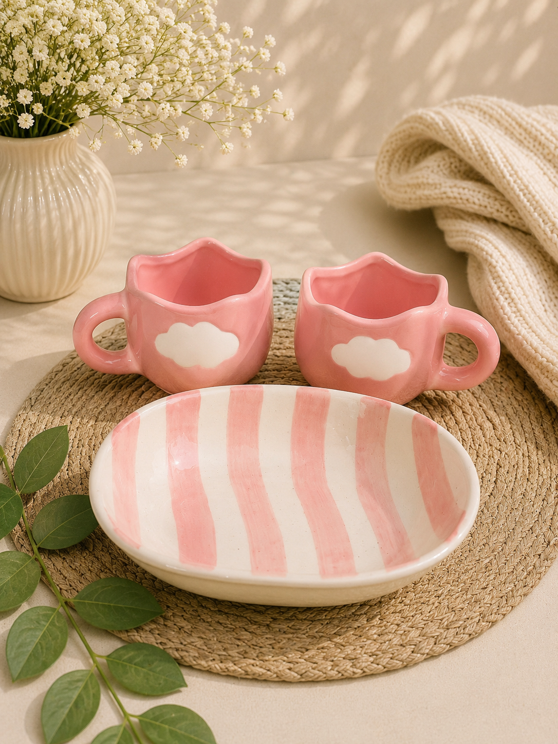 Pink Cloud Ceramic Breakfast Set – 2 Mugs with Striped Serving Bowl