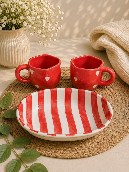 Red Heart Ceramic Breakfast Set – 2 Mugs with Striped Serving Bowl