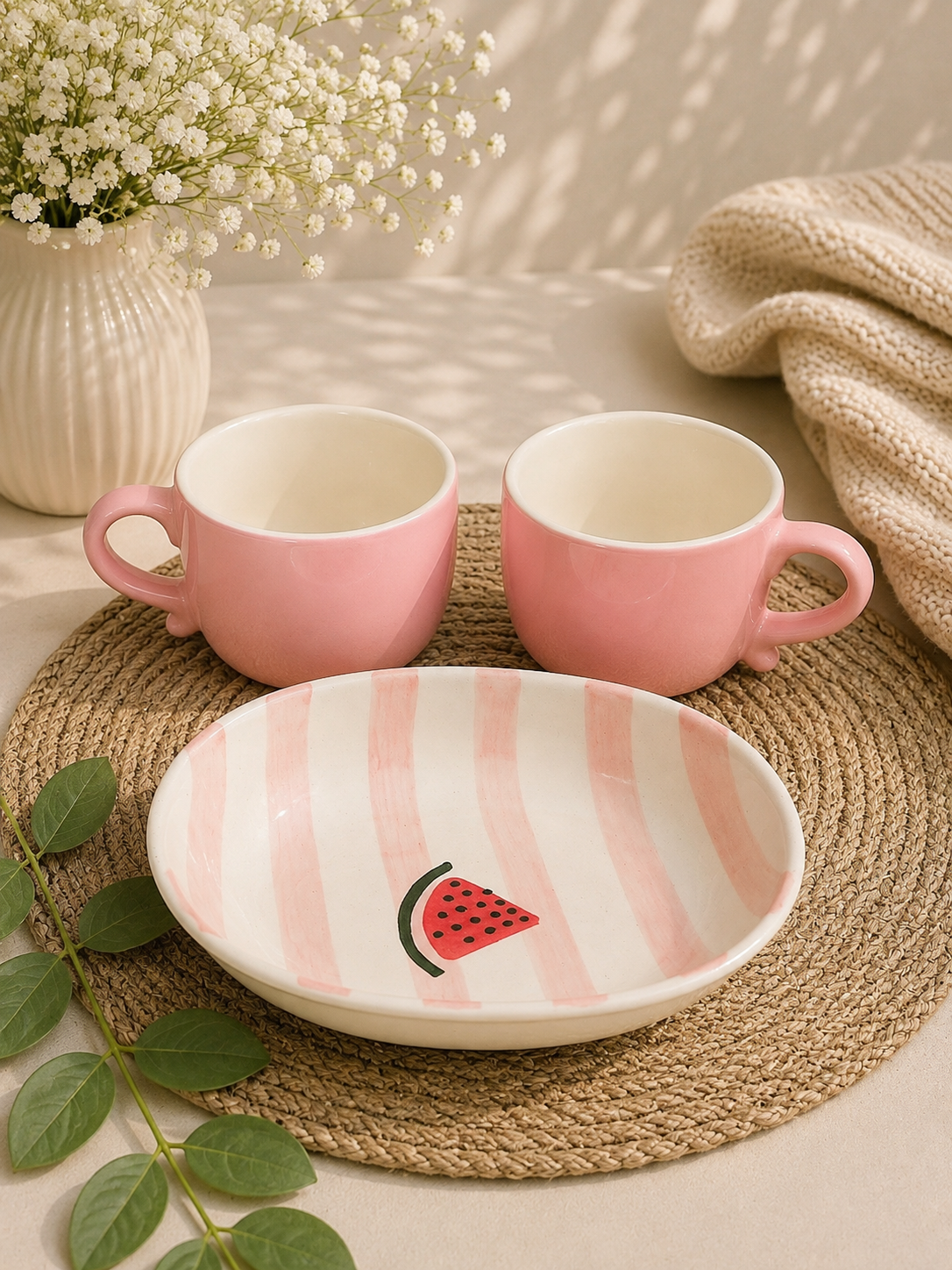 Pastel Pink Watermelon Ceramic Breakfast Set – 2 Mugs with Serving Bowl