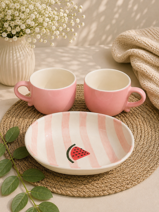 Pastel Pink Watermelon Ceramic Breakfast Set – 2 Mugs with Serving Bowl