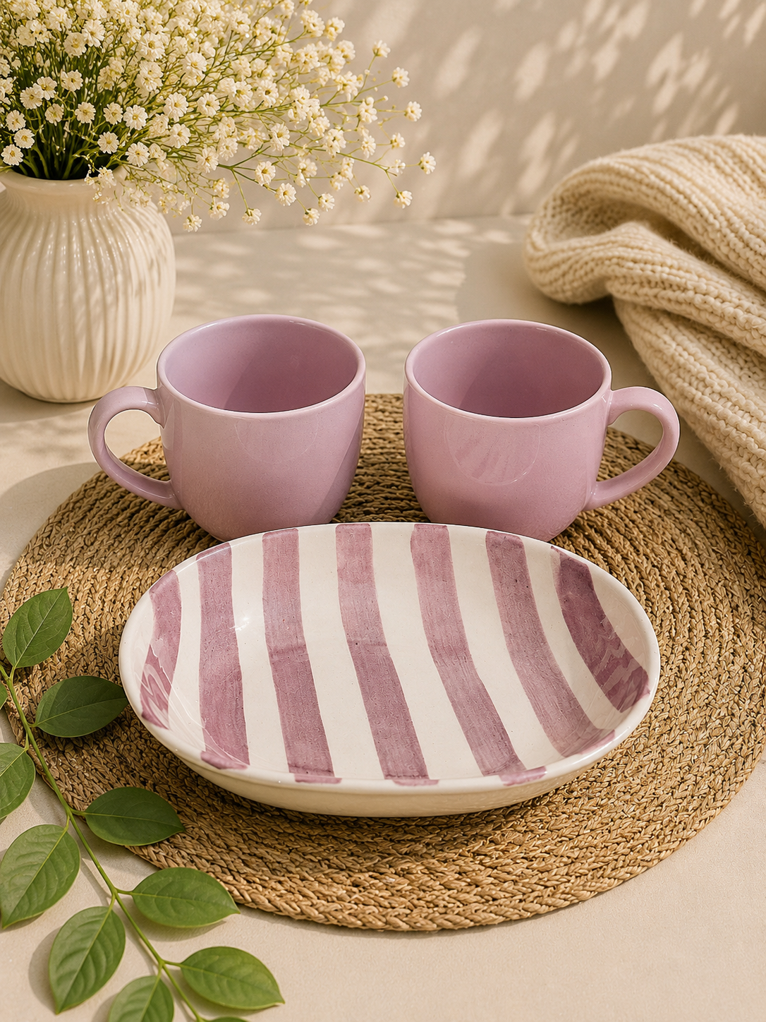 Blush Pink Striped Ceramic Breakfast Set – 2 Mugs & 1 Serving Bowl | Set of 3