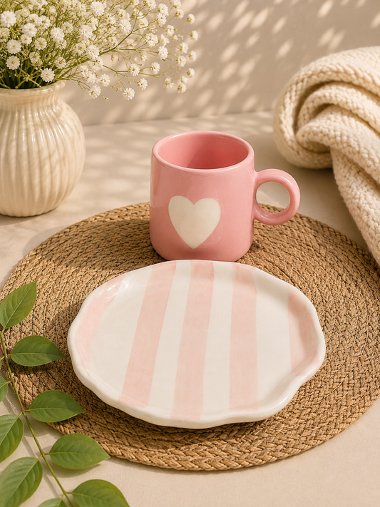 Blush Heart Ceramic Mug & Pink Striped Snack Plate Set | Set of 2