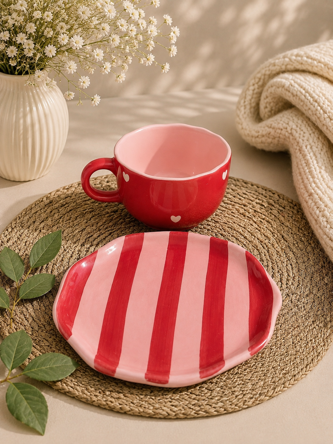 Love Pop Red & Pink Ceramic Tea Set – Heart Mug with Striped Snack Plate | Set of 2