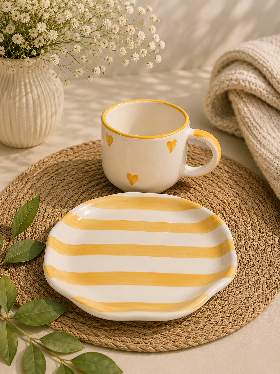 Sunshine Hearts Ceramic Mug & Striped Plate Breakfast Set