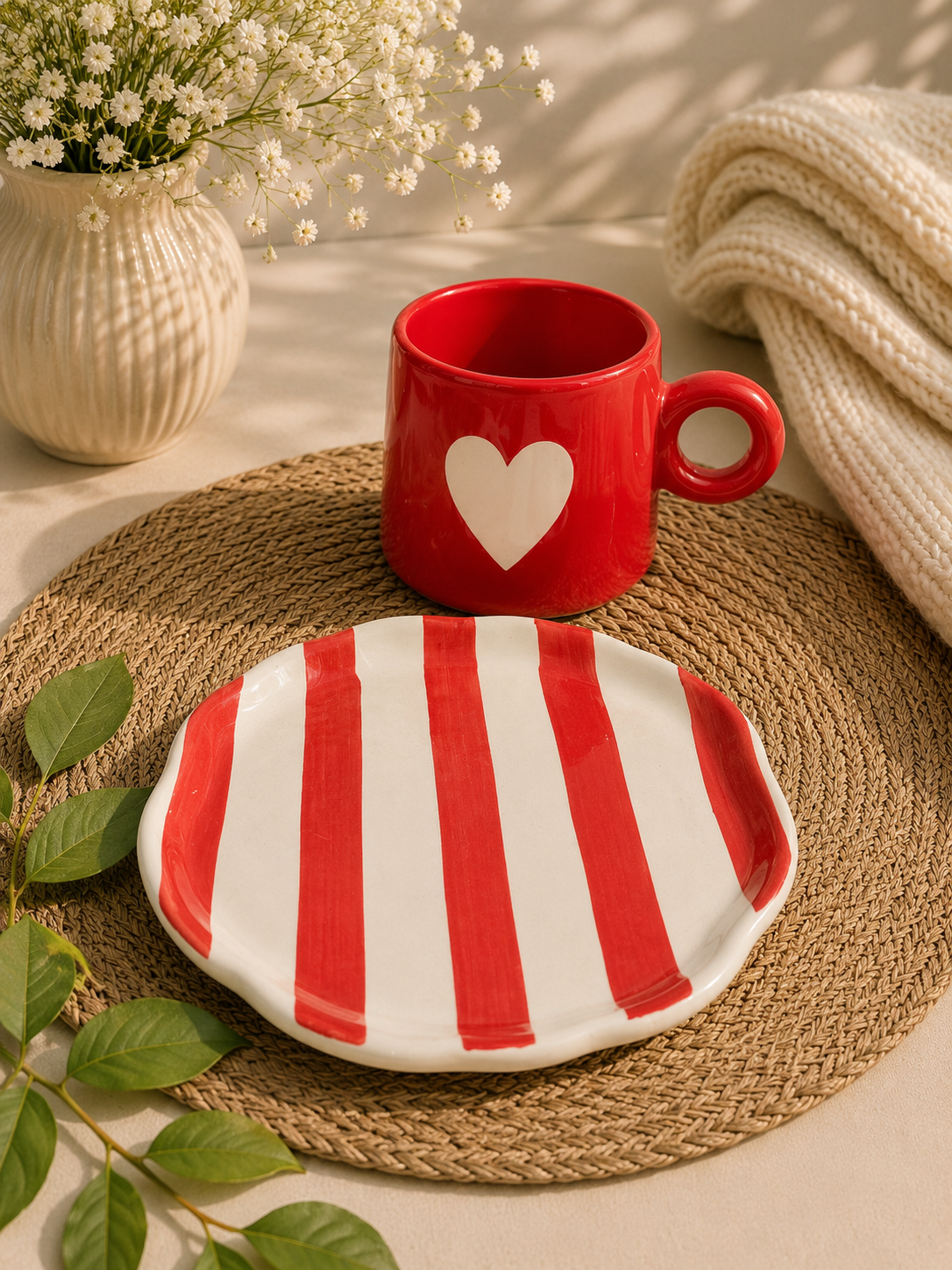 Red Heart Ceramic Mug & Striped Plate Breakfast Set