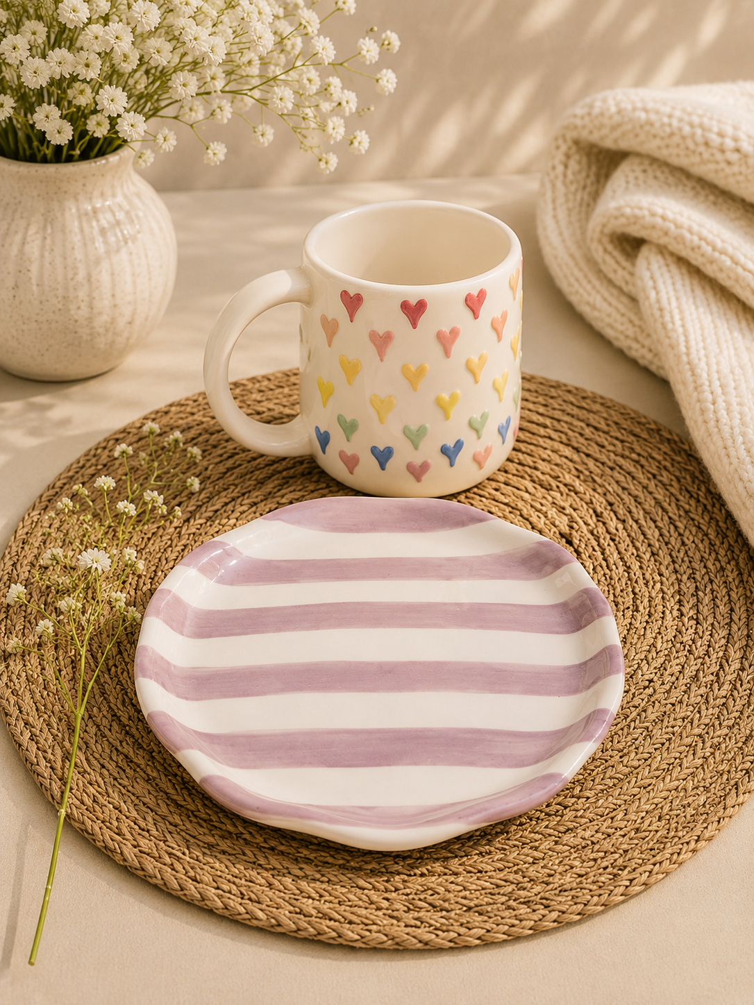 Pastel Rainbow Hearts Ceramic Mug & Lavender Striped Plate Set