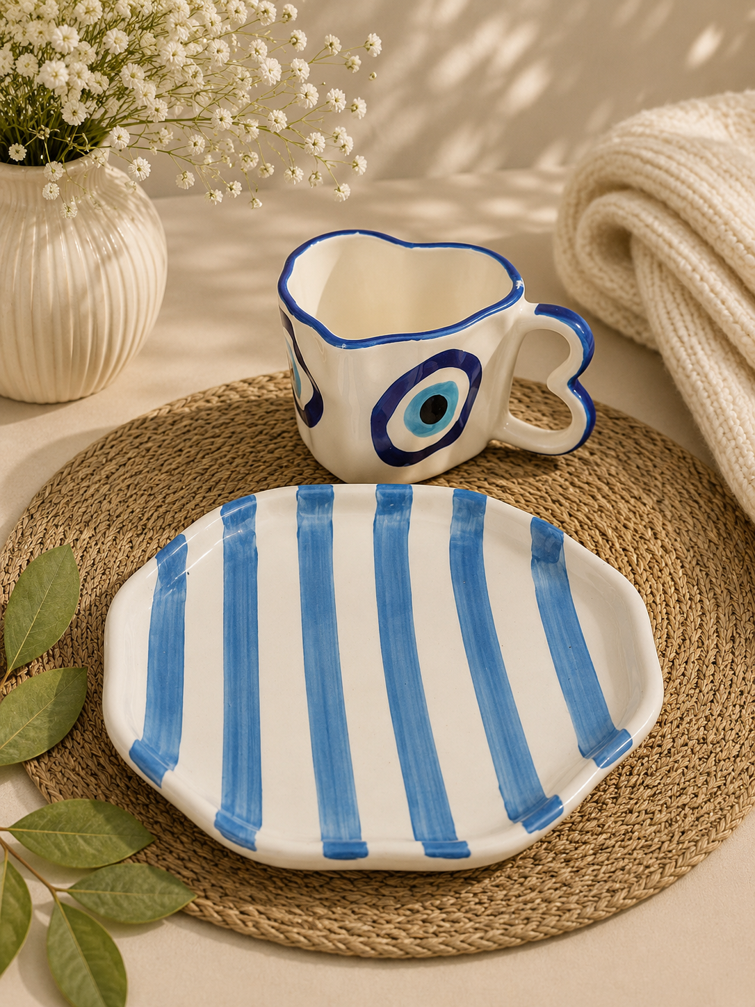 Evil Eye Heart Ceramic Mug with Blue Striped Snack Plate Set