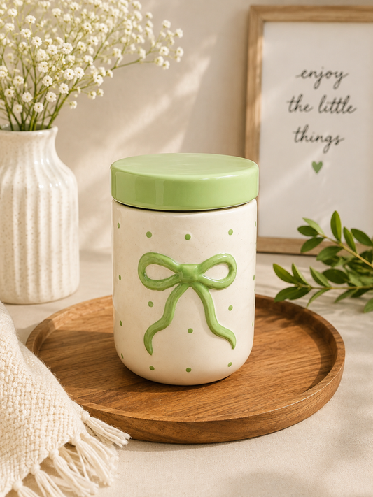 Green Bow Ceramic Storage Jar with Lid – Hand-Painted Polka Dot Canister
