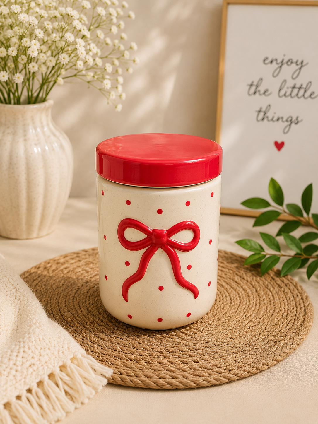 Red Bow Ceramic Storage Jar with Lid – Hand-Painted Polka Dot Canister