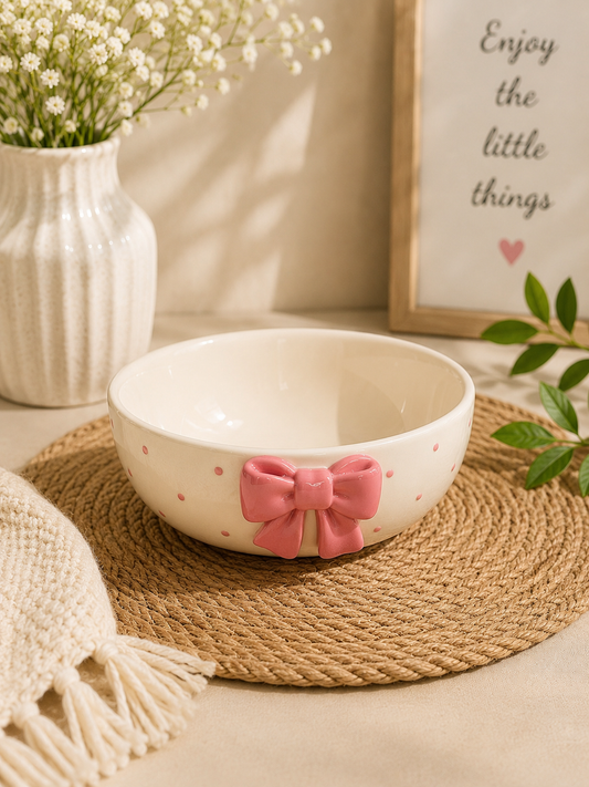 Pink Bow Ceramic Serving Bowl – 3D Bow & Polka Dot Design