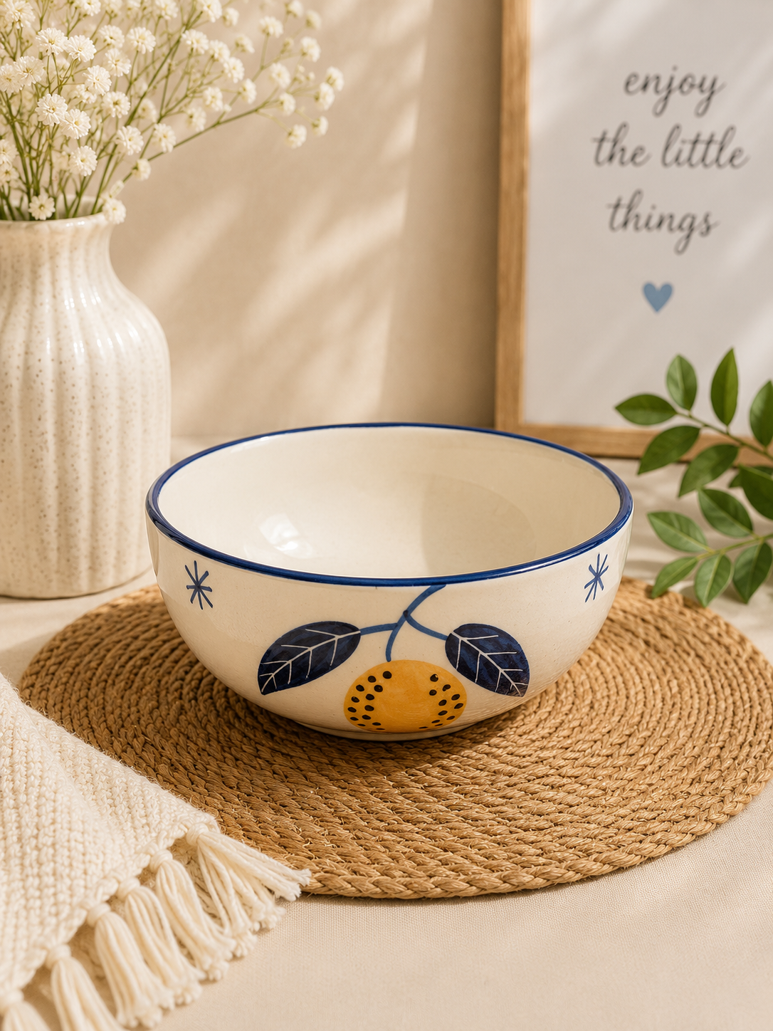 Blue Botanical Ceramic Serving Bowl – Hand-Painted Fruit & Leaf Design