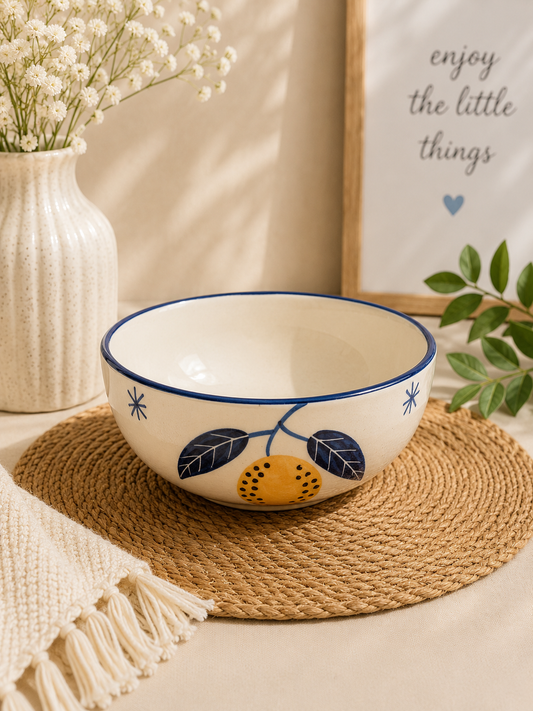 Blue Botanical Ceramic Serving Bowl – Hand-Painted Fruit & Leaf Design