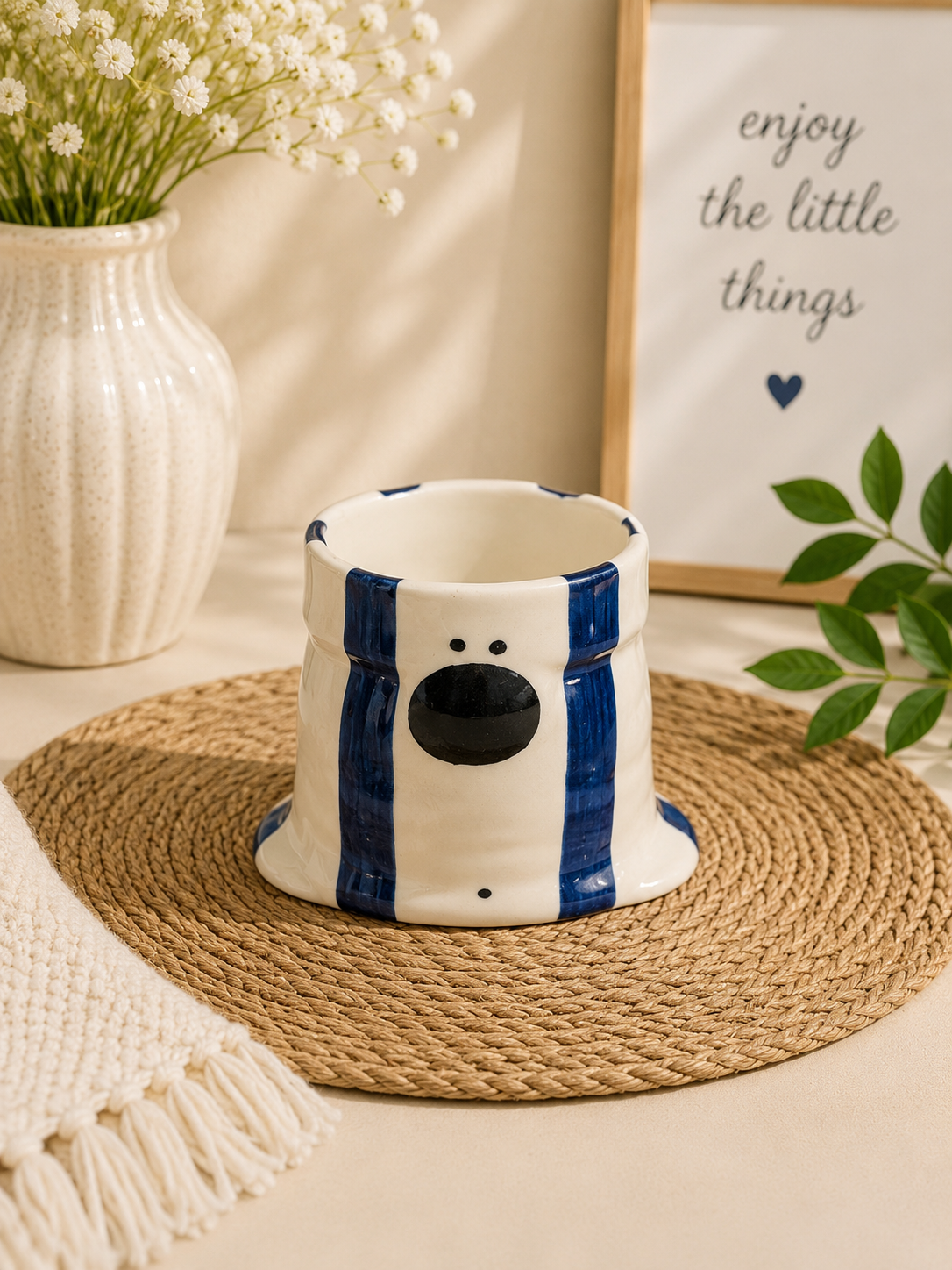 Blue Striped Face Ceramic Planter – Quirky Hand-Painted Pot