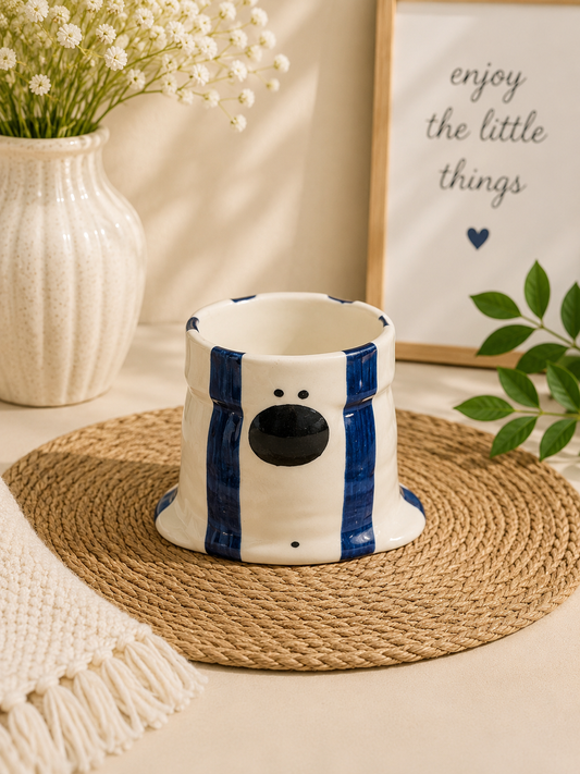Blue Striped Face Ceramic Planter – Quirky Hand-Painted Pot