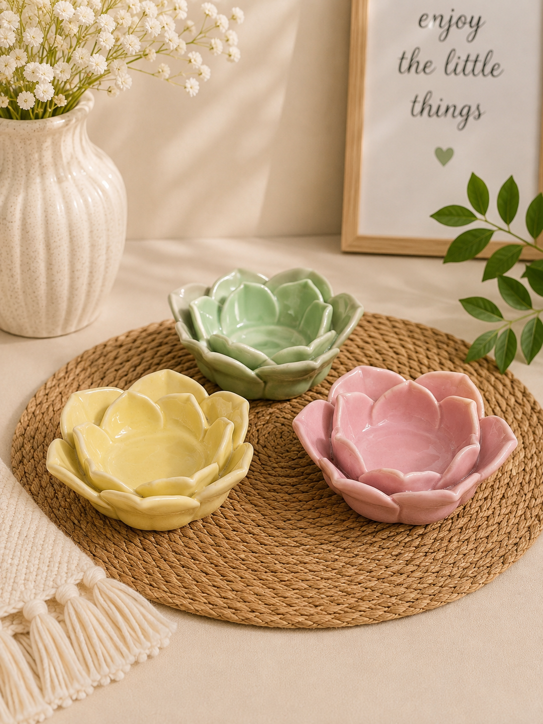 Pastel Lotus Ceramic Serving Bowls – Set of 3