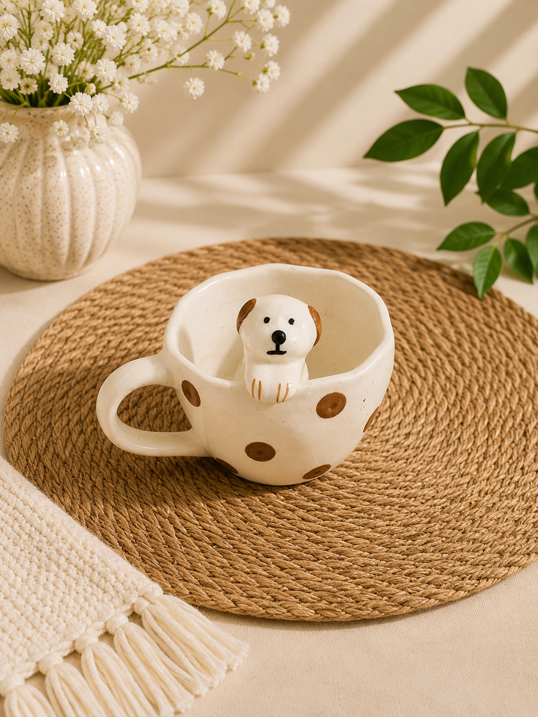 Peek-a-Pup Brown Polka Dot Ceramic Mug – 3D Puppy Coffee Cup