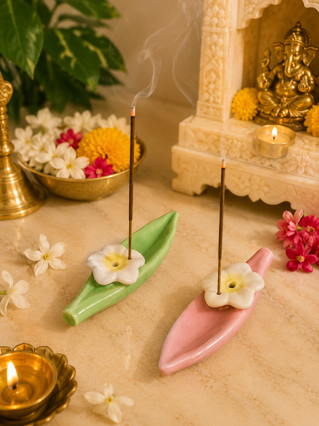 Floral Leaf Ceramic Incense Stick Holder – green and pink