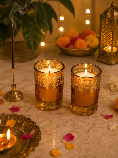 Luxury Golden Glass Candle Diya Gift Set of 2 – Festive Diwali Candle Set