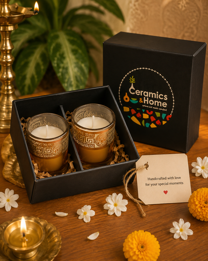 Luxury Golden Glass Candle Diya Gift Set of 2 – Festive Diwali Candle Set