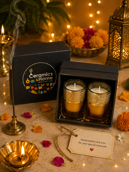 Luxury Golden Glass Candle Diya Gift Set of 2 – Festive Diwali Candle Set