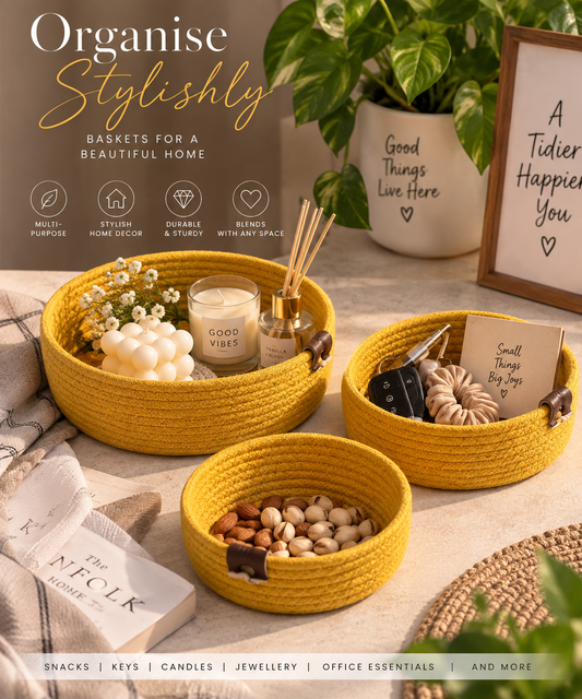 Mustard Yellow Woven Rope Storage Basket Set of 3