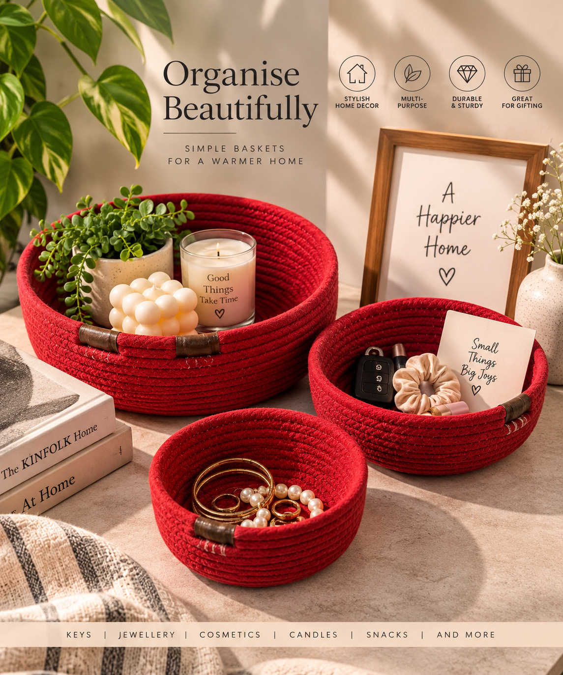 Set of 3 Red Cotton Rope Multipurpose Storage & Décor Baskets