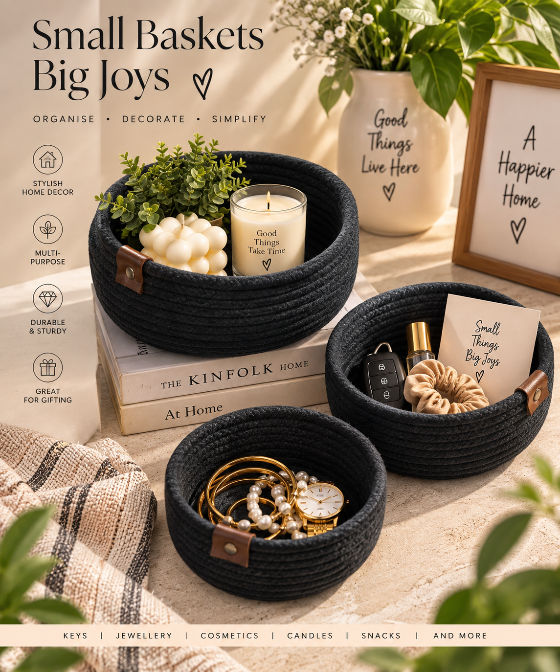 Set of 3 Black Cotton Rope Multipurpose Storage & Home Décor Baskets