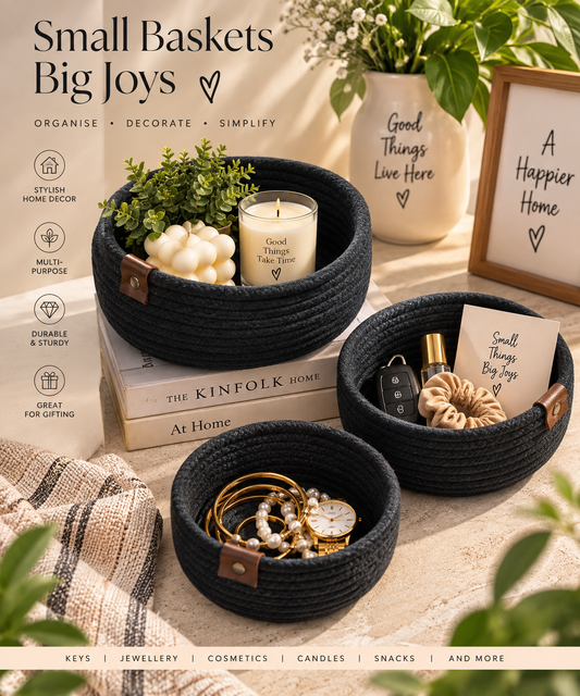 Set of 3 Black Cotton Rope Multipurpose Storage & Home Décor Baskets