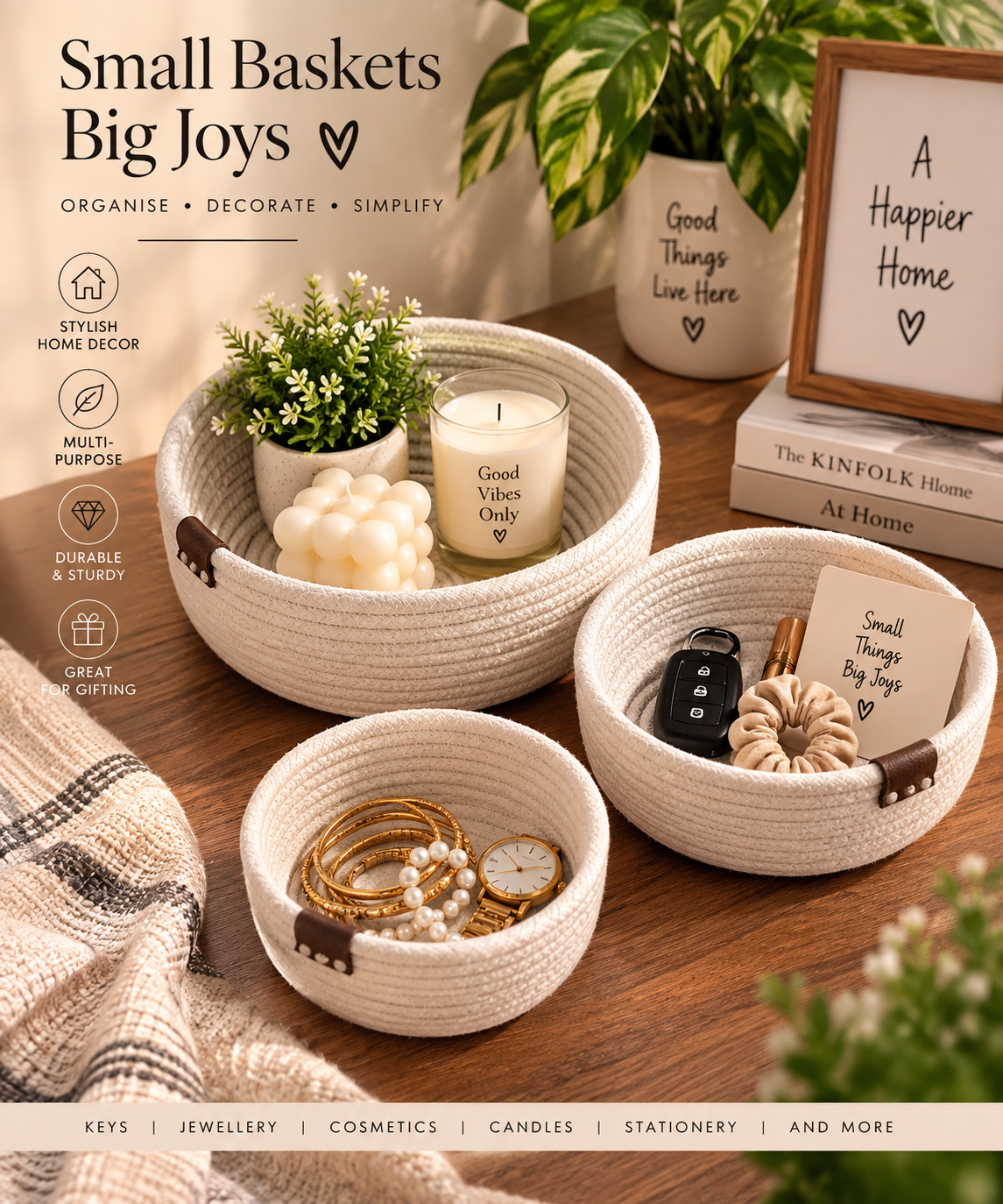Set of 3 Ivory White Cotton Rope Multipurpose Storage & Home Décor Baskets