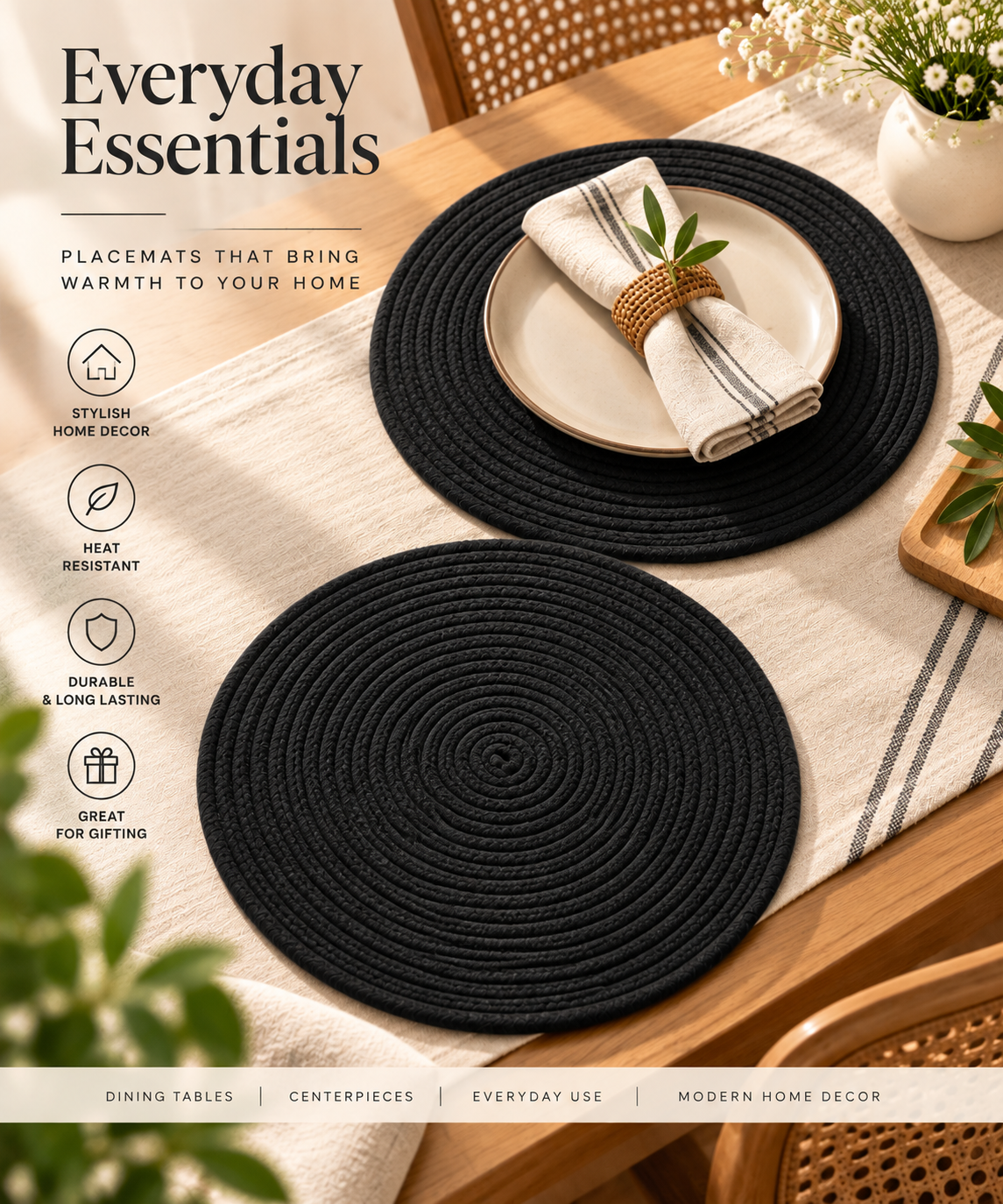 Black Braided Round Table Placemat – Minimalist Woven Dining Mat