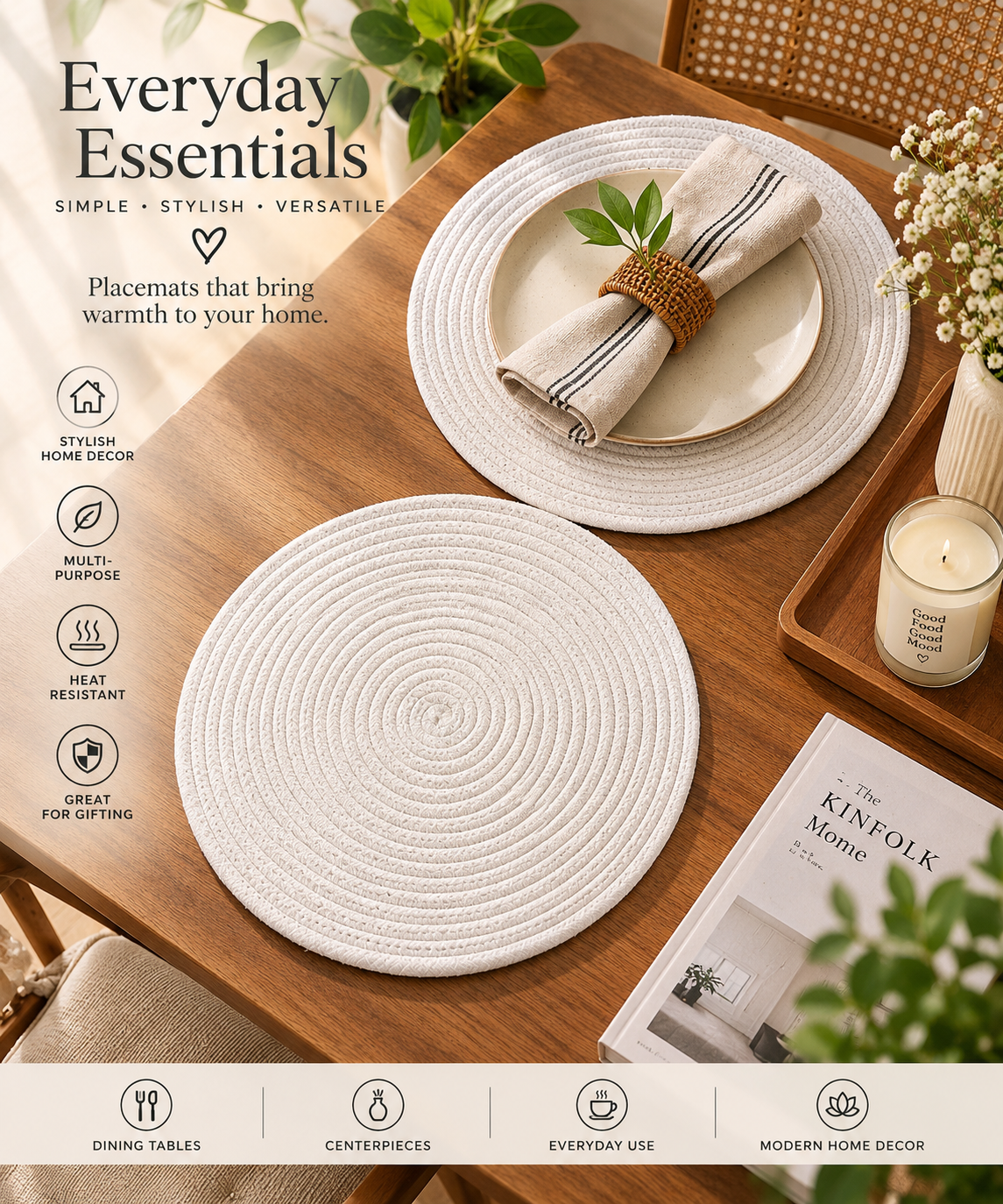 Ivory White Braided Round Table Placemat – Minimalist Woven Dining Mat